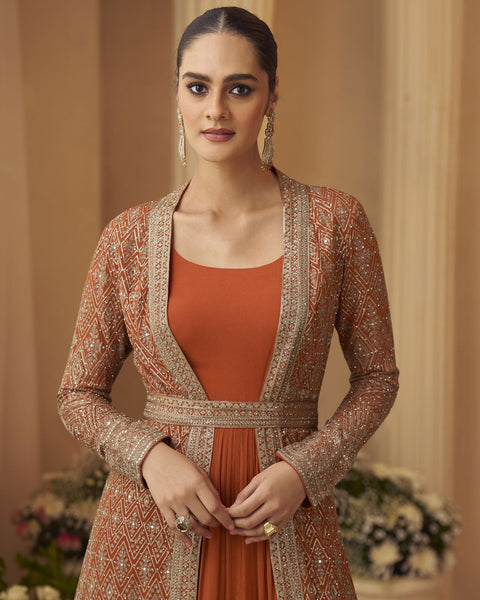 Orange Chinnon Women Silk Readymade Anarkali Gown With Embroidered Jacket
