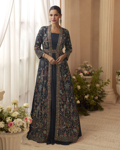 Navy Blue Chinnon Women Silk Readymade Anarkali Gown With Embroidered Jacket