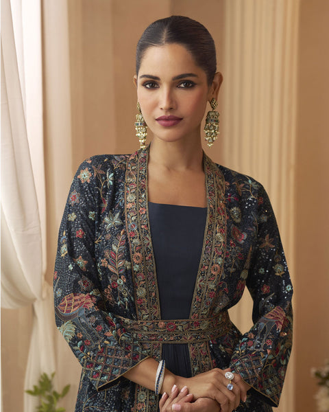 Navy Blue Chinnon Women Silk Readymade Anarkali Gown With Embroidered Jacket