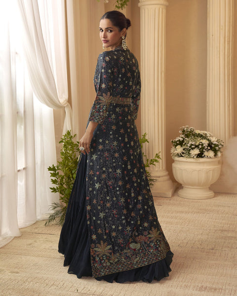 Navy Blue Chinnon Women Silk Readymade Anarkali Gown With Embroidered Jacket