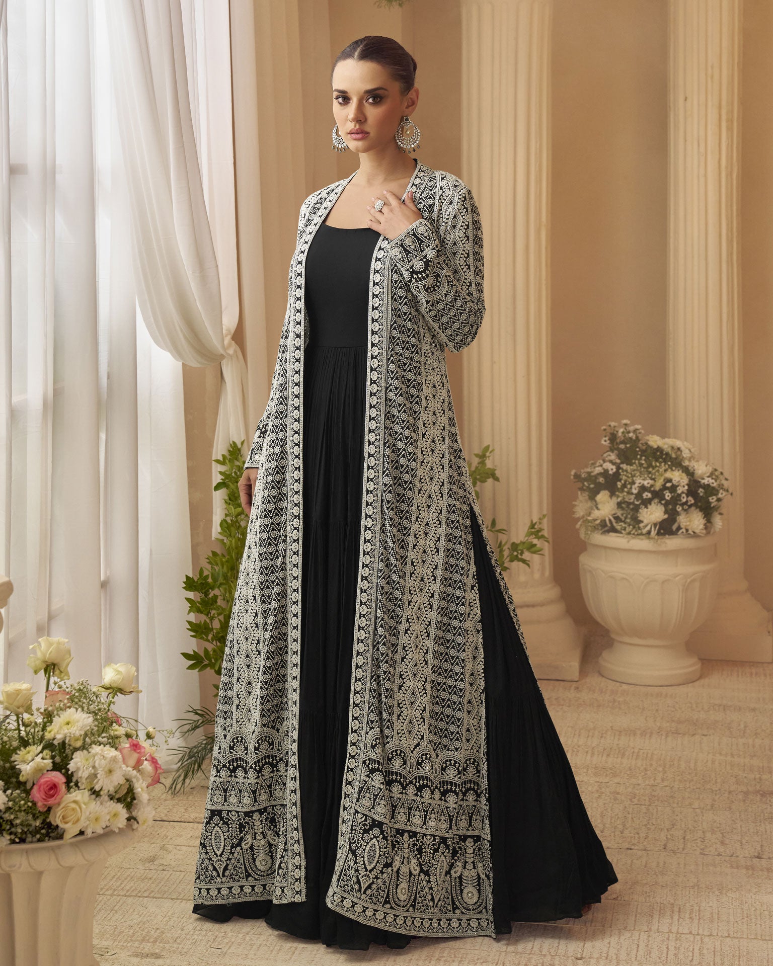 Black Chinnon Women Silk Readymade Anarkali Gown With Embroidered Jacket