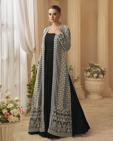 Black Chinnon Women Silk Readymade Anarkali Gown With Embroidered Jacket