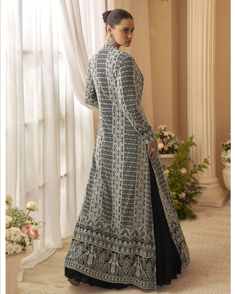 Black Chinnon Women Silk Readymade Anarkali Gown With Embroidered Jacket