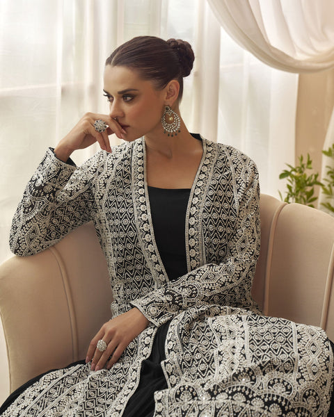 Black Chinnon Women Silk Readymade Anarkali Gown With Embroidered Jacket