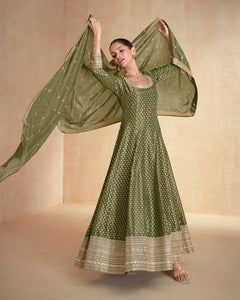 Green Zarkan Work Organza Jacquard Silk Women Readymade Anarkali Frock Suit