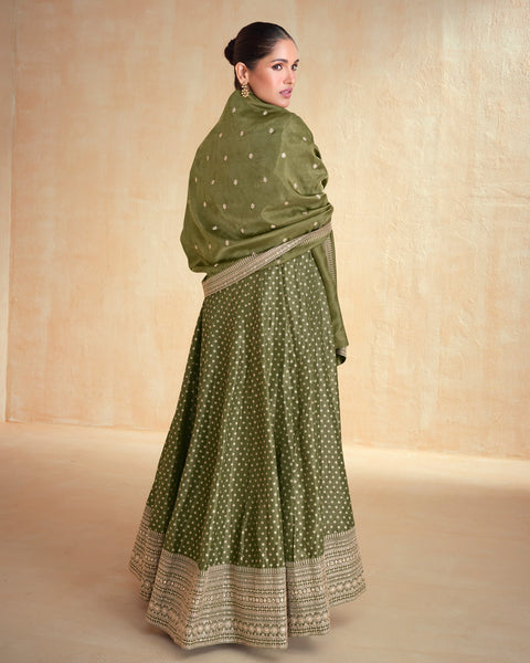 Green Zarkan Work Organza Jacquard Silk Women Readymade Anarkali Frock Suit