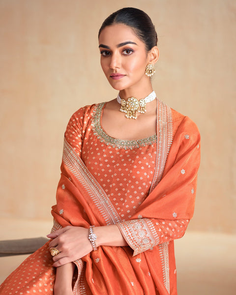 Peach Zarkan Work Organza Jacquard Silk Women Readymade Anarkali Frock Suit