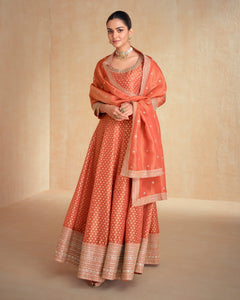 Peach Zarkan Work Organza Jacquard Silk Women Readymade Anarkali Frock Suit