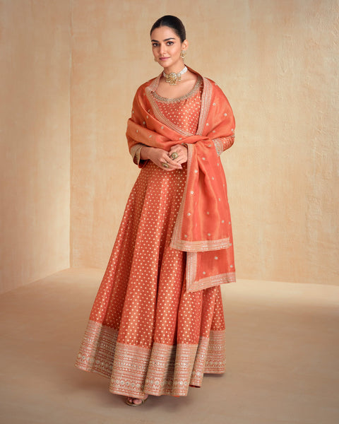 Peach Zarkan Work Organza Jacquard Silk Women Readymade Anarkali Frock Suit
