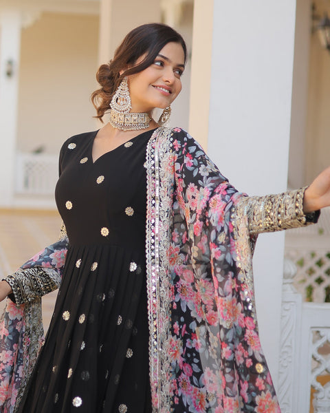 Black Faux Georgette Sequins & Zari Work Anarkali Kurta With Printed Dupatta