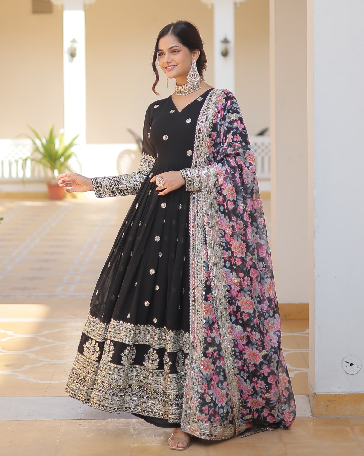 Black Faux Georgette Sequins & Zari Work Anarkali Kurta With Printed Dupatta