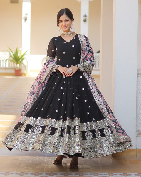 Black Faux Georgette Sequins & Zari Work Anarkali Kurta With Printed Dupatta