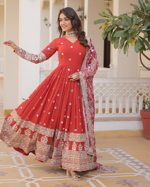 Red Faux Georgette Sequins & Zari Work Anarkali Kurta With Printed Dupatta