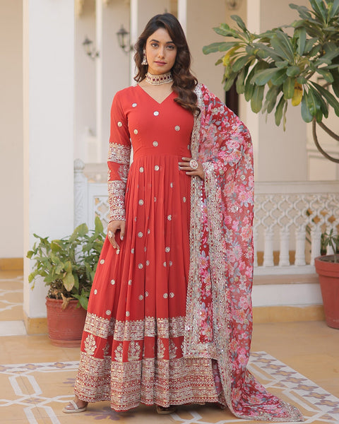 Red Faux Georgette Sequins & Zari Work Anarkali Kurta With Printed Dupatta