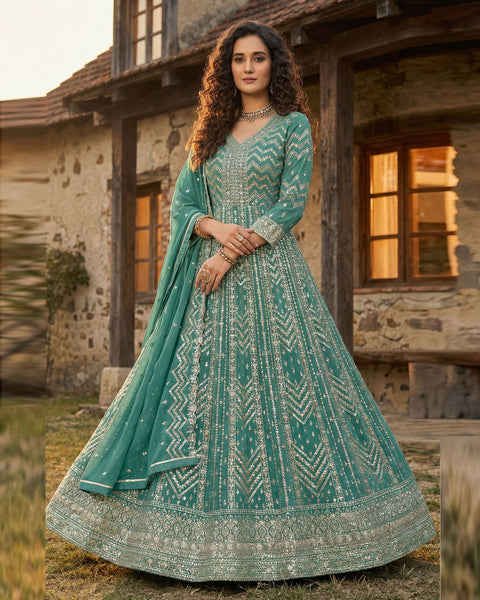 Green Georgette Anarkali Gown For Women