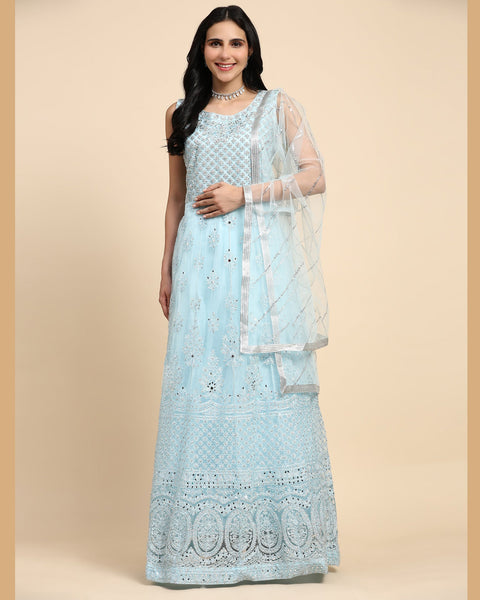 Sky Blue Sequins & Thread Work Readymade Anarkali Gown In Net Fabric With Dupatta