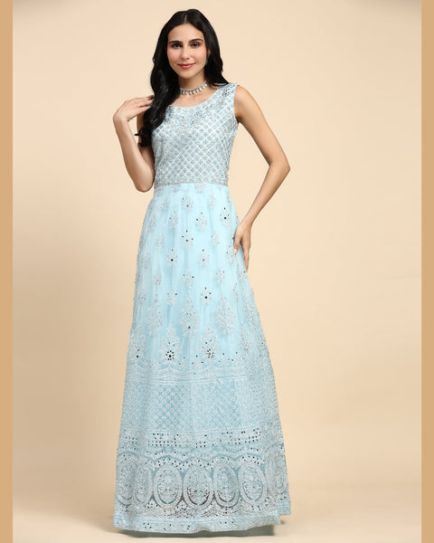 Sky Blue Sequins & Thread Work Readymade Anarkali Gown In Net Fabric With Dupatta