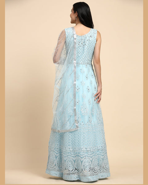 Sky Blue Sequins & Thread Work Readymade Anarkali Gown In Net Fabric With Dupatta