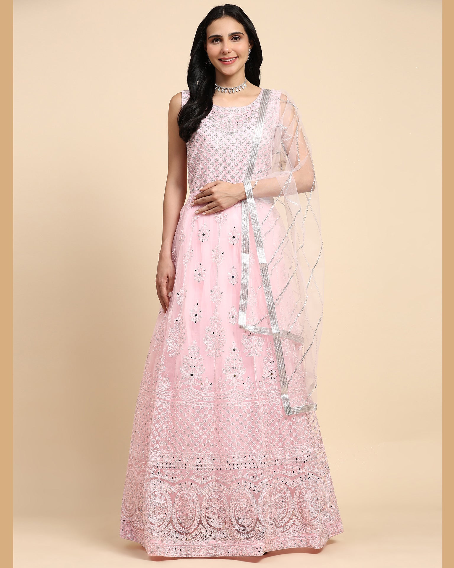 Light Pink Sequins & Thread Work Readymade Anarkali Gown In Net Fabric With Dupatta