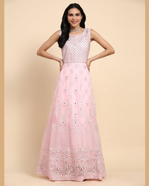 Light Pink Sequins & Thread Work Readymade Anarkali Gown In Net Fabric With Dupatta