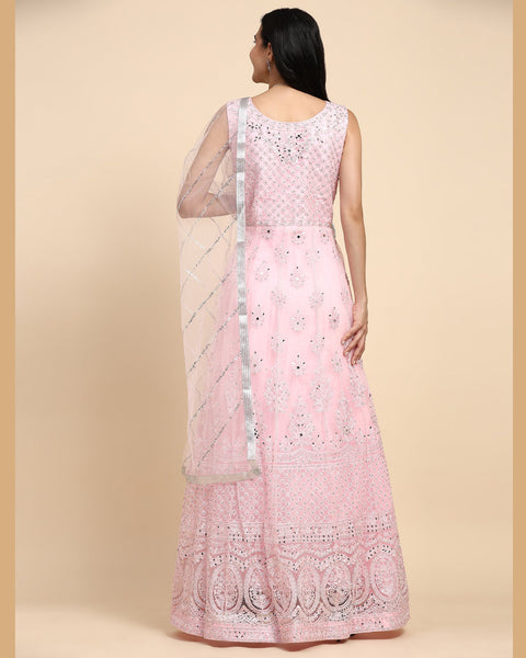 Light Pink Sequins & Thread Work Readymade Anarkali Gown In Net Fabric With Dupatta