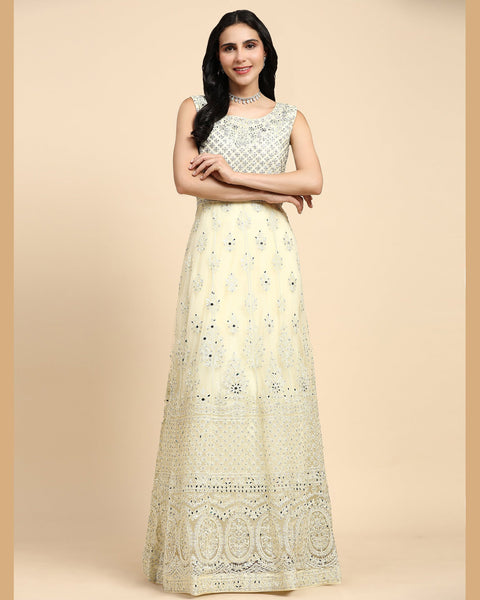 Light Yellow Sequins & Thread Work Readymade Anarkali Gown In Net Fabric With Dupatta