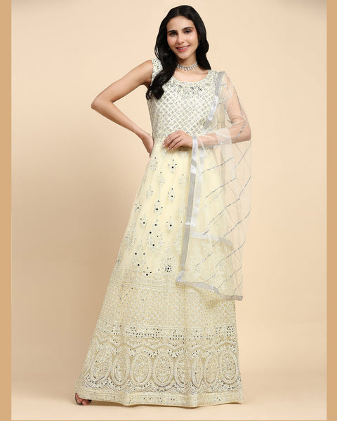 Light Yellow Sequins & Thread Work Readymade Anarkali Gown In Net Fabric With Dupatta