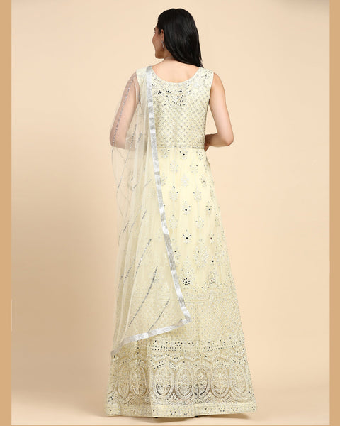 Light Yellow Sequins & Thread Work Readymade Anarkali Gown In Net Fabric With Dupatta