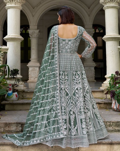 Green Net Readymade Anarkali Kurta Suit For Women With Dupatta