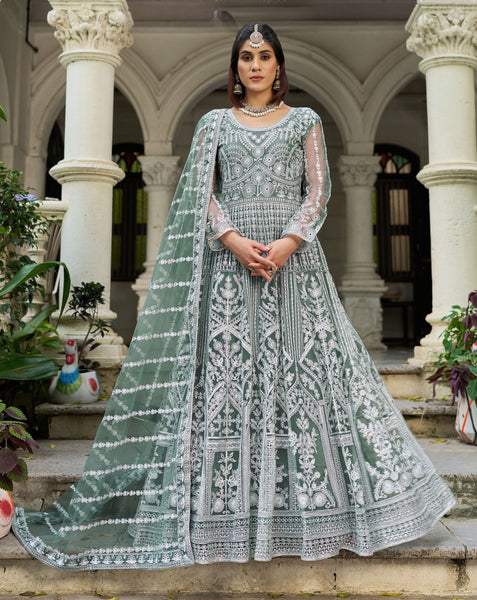 Green Net Readymade Anarkali Kurta Suit For Women With Dupatta