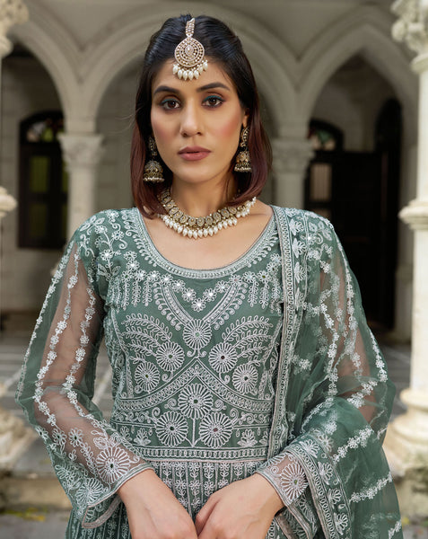 Green Net Readymade Anarkali Kurta Suit For Women With Dupatta