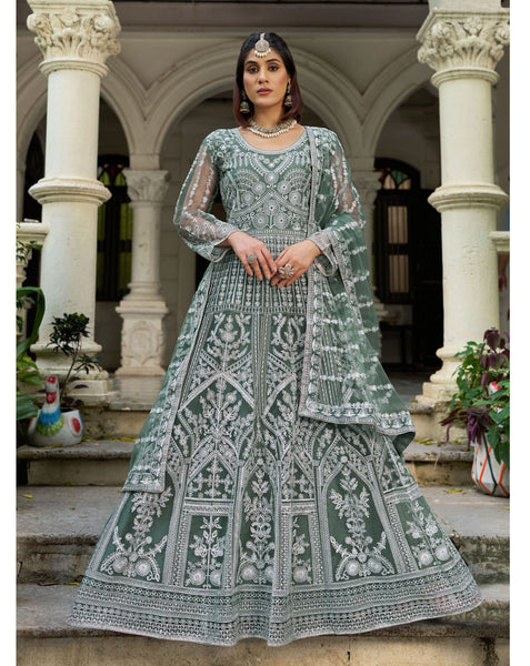 Green Net Readymade Anarkali Kurta Suit For Women With Dupatta