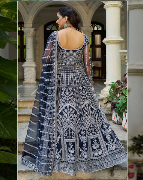 Blue Net Readymade Anarkali Kurta Suit For Women With Dupatta