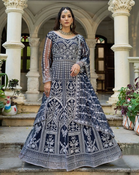 Blue Net Readymade Anarkali Kurta Suit For Women With Dupatta