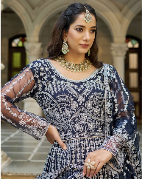 Blue Net Readymade Anarkali Kurta Suit For Women With Dupatta