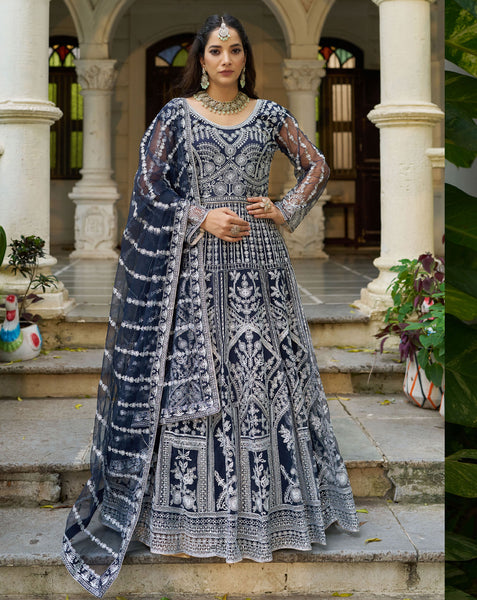 Blue Net Readymade Anarkali Kurta Suit For Women With Dupatta