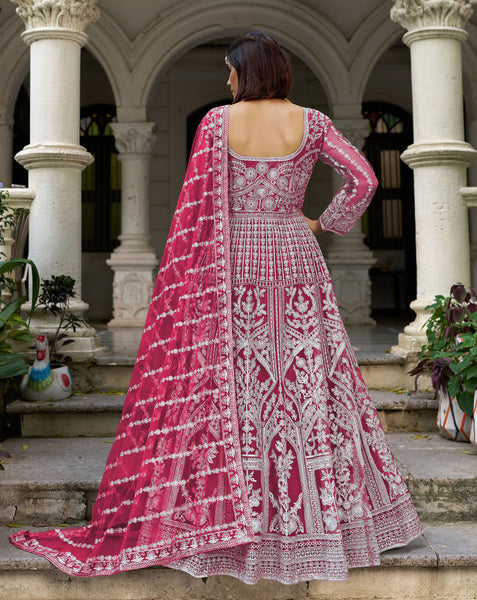 Red Net Readymade Anarkali Kurta Suit For Women With Dupatta
