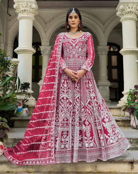 Red Net Readymade Anarkali Kurta Suit For Women With Dupatta