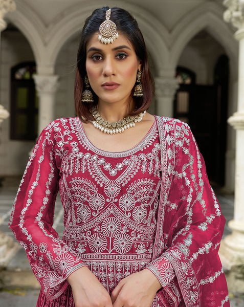Red Net Readymade Anarkali Kurta Suit For Women With Dupatta