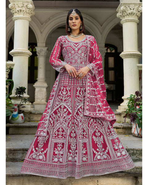 Red Net Readymade Anarkali Kurta Suit For Women With Dupatta