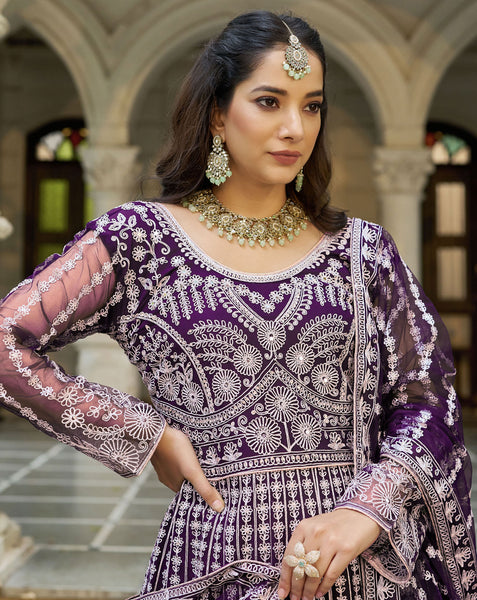 Purple Net Readymade Anarkali Kurta Suit For Women With Dupatta