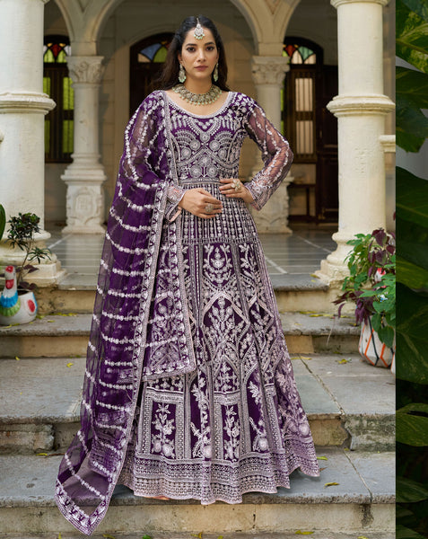 Purple Net Readymade Anarkali Kurta Suit For Women With Dupatta