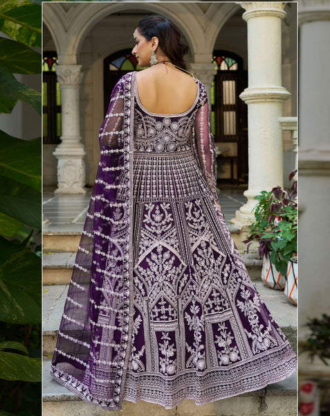 Purple Net Readymade Anarkali Kurta Suit For Women With Dupatta