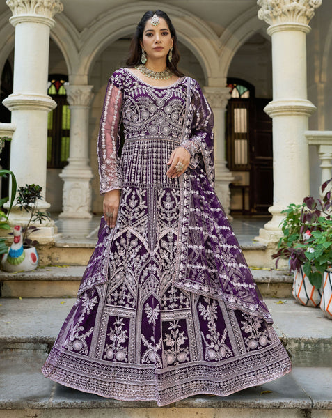 Purple Net Readymade Anarkali Kurta Suit For Women With Dupatta