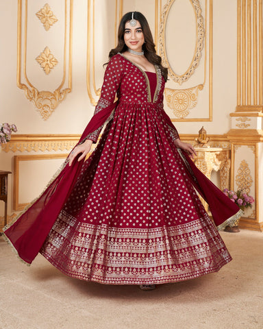 Red Faux Georgette Metalic Foil Work Floor Length Gown With Dupatta