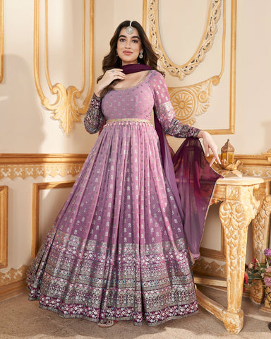 Pink Faux Georgette Metalic Foil Work Floor Length Gown With Dupatta