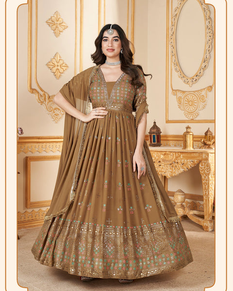 Mustard Yellow Faux Georgette Metalic Foil Work Floor Length Gown With Dupatta