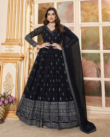 Navy Blue Faux Georgette Metalic Foil Work Floor Length Gown With Dupatta