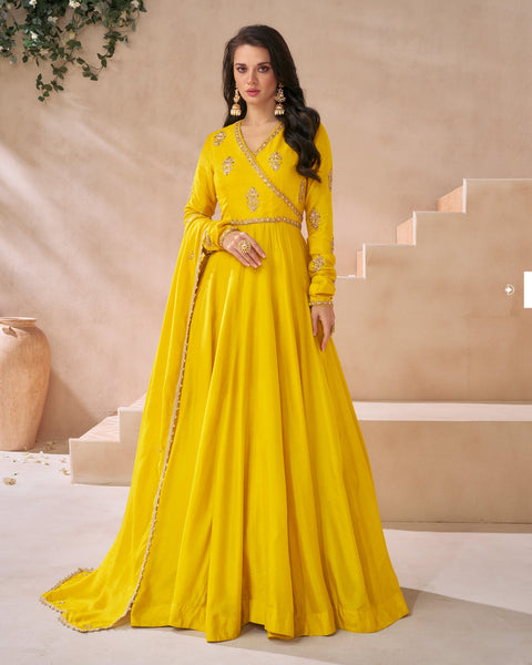 Yellow Silk Floor Length Anarkali Kurta With Yellow Silk Dupatta