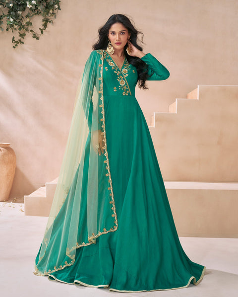 Rama Green Silk Floor Length Anarkali Kurta With Light Green Net Dupatta